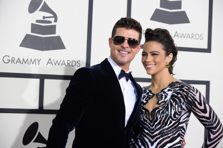 From left, Robin Thicke and Paula Patton arrive at the 56th annual GRAMMY Awards at Staples Center, in Los Angeles
The 56th Annual GRAMMY Awards - Arrivals, Los Angeles, USA