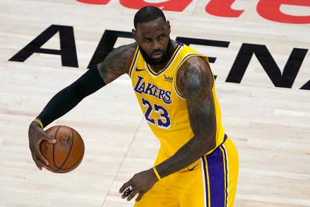 Los Angeles Lakers forward LeBron James (23) is shown against the Atlanta Hawks during the second half of an NBA basketball game Monday, Feb. 1, 2021, in Atlanta.  (AP Photo/John Bazemore)