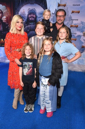 Tori, Finn McDermott, Hattie McDermott, Dean McDermott, Stella McDermott and Beau McDermott Spelling at the world premiere of Columbia Pictures' Jumanji: The Next Level at the TLC Chinese Theatre.  JUMANJI: THE NEXT LEVEL Columbia Pictures World Premiere, Arrivals, TCL Chinese Theatre, Los Angeles, CA, USA - December 9, 2019