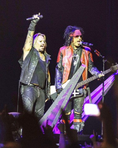 Vocalist Vince Neil and basist Nikki Sixx Alice Cooper in concert, Globe Arena, Stockholm, Sweden - 16 Nov 2015