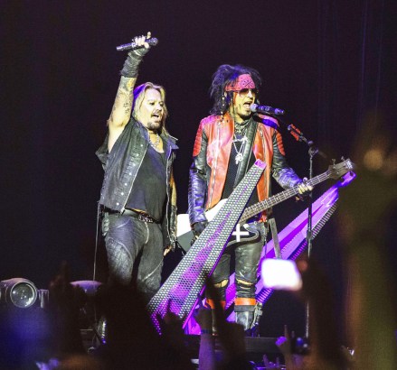 Singer Vince Neil and bassist Nikki Sixx Alice Cooper in concert, Globe Arena, Stockholm, Sweden - 16 Nov 2015