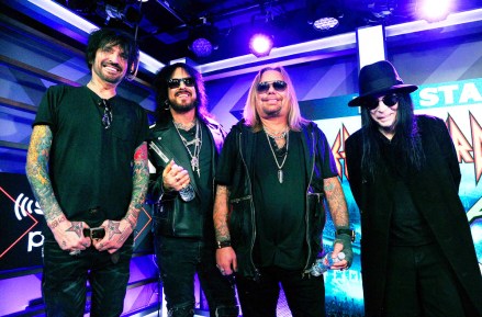 Tommy Lee, Nikki Sixx, Vince Neil, Mick Mars.  Tommy Lee, from left, Nikki Sixx, Vince Neil and Mick Mars of Motley Crue pose after a news conference to announce The Stadium Tour 2020 with Motley Crue, Poison and Def Leppard, at the SiriusXM offices, in Los Angeles Motley Crew , Def Leppard and Poison Stadium Tour Press Conference, Los Angeles, USA - 04 Dec 2019