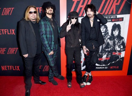 Nikki Sixx, Vince Neil, Mick Mars, Tommy Lee. Vince Neil, from left, Nikki Sixx, Mick Mars and Tommy Lee, of Motley Crue, arrive at the world premiere of "The Dirt", at ArcLight Hollywood in Los Angeles
World Premiere of "The Dirt", Los Angeles, USA - 18 Mar 2019