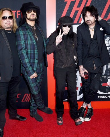 Nikki Sixx, Vince Neil, Mick Mars, Tommy Lee. Vince Neil, from left, Nikki Sixx, Mick Mars and Tommy Lee, of Motley Crue, arrive at the world premiere of "The Dirt", at ArcLight Hollywood in Los Angeles
World Premiere of "The Dirt", Los Angeles, USA - 18 Mar 2019