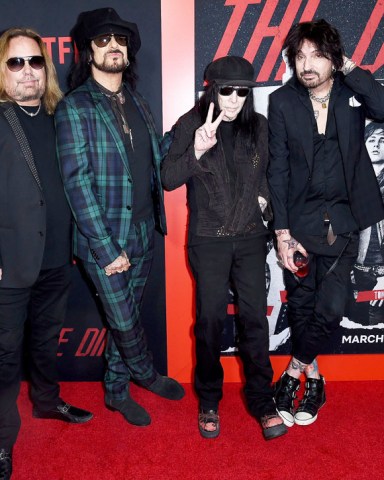 Nikki Sixx, Vince Neil, Mick Mars, Tommy Lee. Vince Neil, from left, Nikki Sixx, Mick Mars and Tommy Lee, of Motley Crue, arrive at the world premiere of "The Dirt", at ArcLight Hollywood in Los Angeles World Premiere of "The Dirt", Los Angeles, USA - 18 Mar 2019