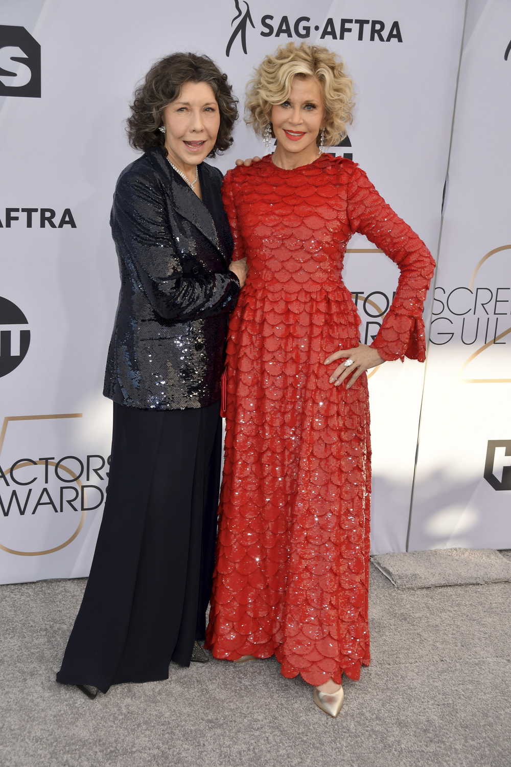 Lily Tomlin and Jane Fonda arrives at the 25th annual Screen Actors Guild Awards at The Shrine Exposition Center on January 27, 2019 in Los Angeles, California. (Photo by Sthanlee Mirador/Sipa USA)(Sipa via AP Images)