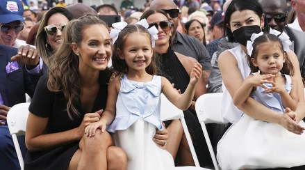 Hall of Famer Derek Jeter's wife Hannah (L) with daughters Story and Bella react during Major League Baseball's Hall of Fame Induction Ceremony 2021 for the 2020 inductees in Cooperstown, New York on Wednesday, September 8, 2021.  Derek Jeter, Ted Simmons, Larry Walker and players' union leader Marvin Miller will be inducted into the HOF during the event.
MLB Hof 2021, Cooperstown, New York, United States - 08 Sep 2021