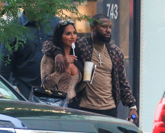 EXCLUSIVE: Floyd Mayweather is photographed around New York City with Gallienne Nabila who was sporting a gigantic diamond on her engagement finger