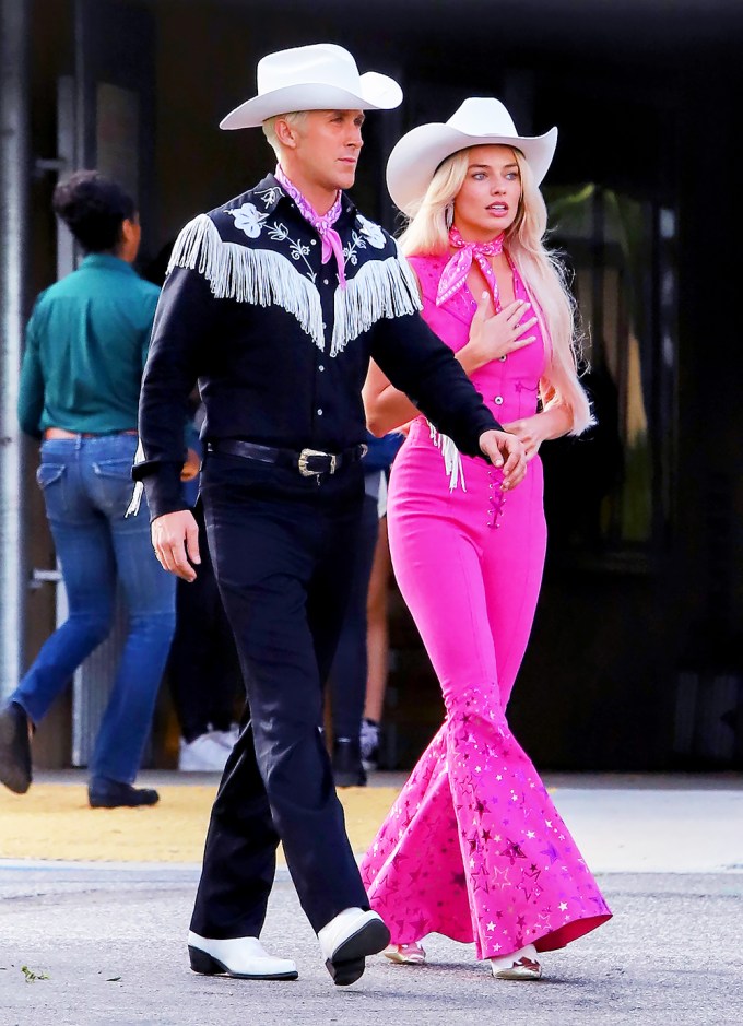 Margot Robbie and Ryan Gosling seen together filming scenes for the new Barbie movie