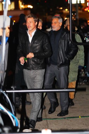 New York, NY  - Two of Hollywood's biggest stars, Brad Pitt and George Clooney pair up in NYC to film the upcoming Jon Watts project, "Wolves."Pictured: Brad Pitt, George ClooneyBACKGRID USA 24 JANUARY 2023 BYLINE MUST READ: BlayzenPhotos / BACKGRIDUSA: +1 310 798 9111 / usasales@backgrid.comUK: +44 208 344 2007 / uksales@backgrid.com*UK Clients - Pictures Containing ChildrenPlease Pixelate Face Prior To Publication*
