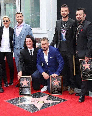 Carson Daly, Ellen DeGeneres, Lance Bass, JC Chasez, Joey Fatone, Justin Timberlake and Chris Kirkpatrick NSYNC honored with a star on the Hollywood Walk of Fame, Los Angeles, USA - 30 Apr 2018