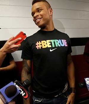 University of Massachusetts basketball guard Derrick Gordon, 22, faces reporters on the school's campus, in Amherst, Mass. Gordon has become the first openly gay player in Division I men's basketballUMass Gordon Basketball, Amherst, USA - 9 Apr 2014