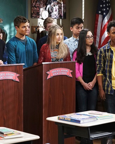 GIRL MEETS WORLD - "Girl Meets The Real World" - Riley has trouble with her debate assignment when she must argue if people are naturally good or evil. This episode of "Girl Meets World" airs Friday, August 19 (8:30 - 9:00 P.M. EDT) on Disney Channel. (Disney Channel/Ron Tom)
ROWAN BLANCHARD, COREY FOGELMANIS, PEYTON MEYER, SABRINA CARPENTER, CECILIA BALAGOT, AMIR MITCHELL-TOWNES