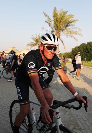 US former cyclist Lance Armstrong prepares to take part in 'Ride With Lance' in the Gulf emirate of Dubai, United Arab Emirates, 06 October 2020. The US professional cyclist Lance Armstrong invited Dubai cyclists to ride along with him for 50Km loop at the Al Qudra Cycling Track outside Dubai while observing all of the COVID-19 preventive regulations.
US former cyclist Lance Armstrong in UAE, Dubai, United Arab Emirates - 06 Oct 2020