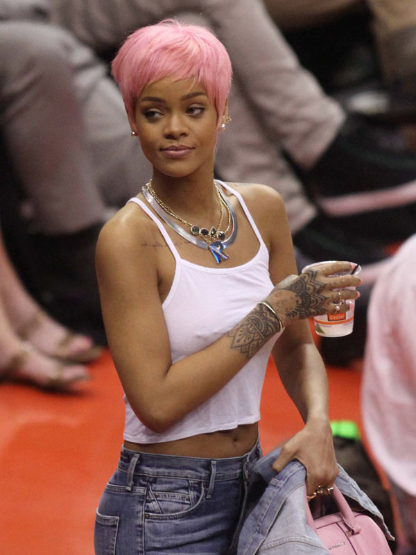 Rihanna Shows Nipples New Pink Hair At NBA Playoff Gam