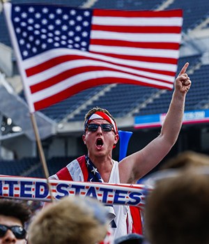 A Us Fan Cheers During the Fifa World Cup 2014 Round of 16 Match Between the Usa and Belgium Played at the Arena Fonte Nova in Salvador Brazil at Soldier Field in Chicago Illinois Usa 01 July 2014 Belgium Won the Match 2-1 After Extra Time United States ChicagoUsa Soccer Fifa World Cup 2014 - Jul 2014