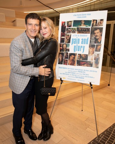 Melanie Griffith and Antonio Banderas pose at a Pain and Glory Screening at Paradigm Talent Agency on Monday, October 29, 2019 in Beverly Hills, CA (photo: TK/ABImages) via AP Images