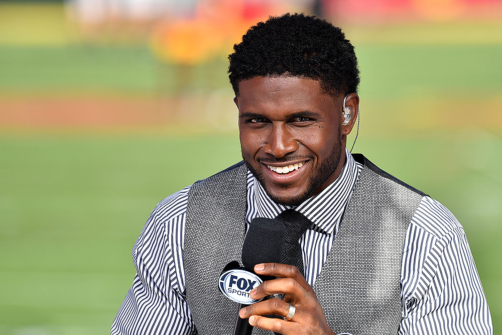 Los Angeles, CA.Former USC Trojans running back Reggie Bush on the set of Fox Sports 1 CFB on location on the field at USC before the NCAA Football game between the USC Trojans and the Utah Utes at the Coliseum in Los Angeles, California..Mandatory Photo Credit : Louis Lopez/CSM
NCAA Football Utah vs USC, Los Angeles, USA - 20 Sep 2019