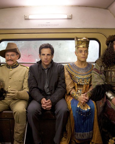 Editorial use only. No book cover usage. Mandatory Credit: Photo by Kerry Brown/20th Century Fox/Kobal/Shutterstock (5885635am) Mizuo Peck, Robin Williams, Ben Stiller, Rami Malek, Patrick Gallagher Night At The Museum - Secret Of The Tomb - 2014 Director: Shawn Levy 20th Century Fox USA Scene Still Family Night At The Museum 3