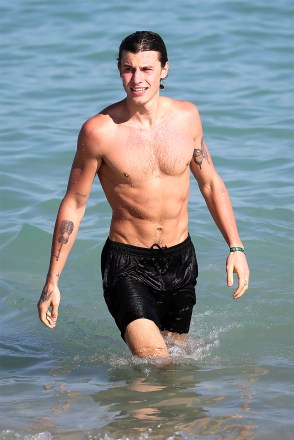 Singer Shawn Mendes looks hot coming out of the ocean on a beach day in Miami.  06 Jan 2022 Pictured: Shawn Mendes.  Photo credit: MEGA TheMegaAgency.com +1 888 505 6342 (Mega Agency TagID: MEGA818074_001.jpg) [Photo via Mega Agency]