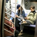 Katie Holmes Checks Her Phone While Riding Incognito On The F Train To Her Matinee Performance Of 'The Wanderers' In New York City