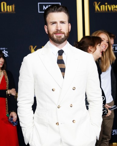 Chris Evans poses on the red carpet during the premiere of the movie 'Knives Out' at the Regency Village Theatre in Los Angeles, California, USA, 14 November 2019. The movie is set tp be released in US theaters on 27 November.Premiere of the movie 'Knives Out' in Los Angeles, USA - 14 Nov 2019