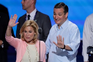Sen. Ted Cruz, R-Tex., and wife Heidi wave from the podium during a sound check before the third day of the Republican National Convention in Cleveland, Wednesday, July 20, 2016. (AP Photo/J. Scott Applewhite)
