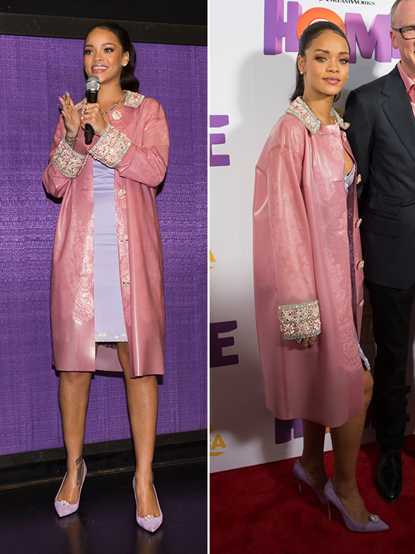 Rihanna S Home Screening Outfit Stuns In Pink Vinyl Coat Tiny Slip Dress Hollywood Life