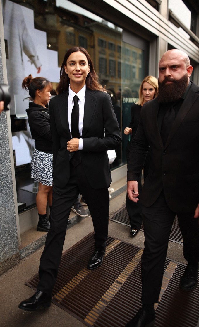 Irina Shayk wears a suit in Milan