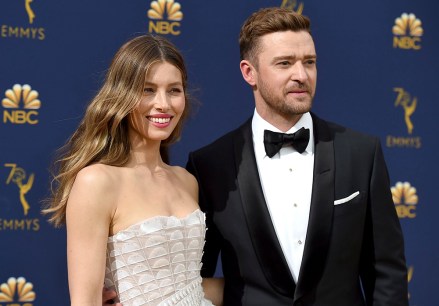 Jessica Biel, Justin Timberlake.  Jessica Biel, kiri, dan Justin Timberlake tiba di Primetime Emmy Awards ke-70, di Microsoft Theater di Los Angeles 2018 Primetime Emmy Awards - Kedatangan, Los Angeles, AS - 17 Sep 2018