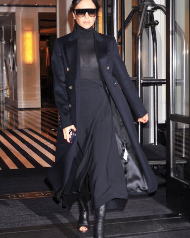 01/24/19 NYC - Victoria Beckham exits her hotel in all black outfit as she heads to do press on Thursday morning January 24th, 2019.Pictured: Victoria BeckhamRef: SPL5057759 240119 NON-EXCLUSIVEPicture by: Luis Yllanes / SplashNews.comSplash News and PicturesLos Angeles: 310-821-2666New York: 212-619-2666London: 0207 644 7656Milan: 02 4399 8577photodesk@splashnews.comWorld Rights