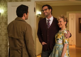 Supernatural -- "Peace of Mind" -- Image Number: SN1415B_0537b.jpg -- Pictured (L-R): Misha Collins as Castiel, Jared Padalecki as Sam and Kimberley Shoniker as Cindy Smith -- Photo: Jeff Weddell/The CW -- ÃÂ© 2019 The CW Network, LLC. All Rights Reserved.