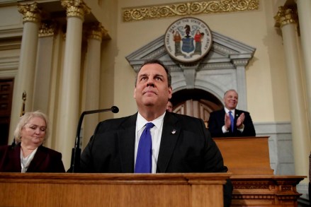 New Jersey Gov. Chris Christie looks on before delivering his final state of the state address at the Statehouse in Trenton, N.J., . He will be turning over state government control to Democratic Gov.-elect Phil Murphy, who takes office on Jan. 16
Christies Final Address, Trenton, USA - 09 Jan 2018