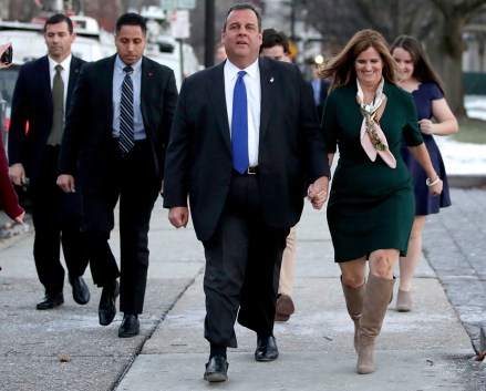 New Jersey Gov. Chris Christie, center, walks with his wife, First Lady Mary Pat Christie, their children and his security detail outside the Statehouse after delivering his final state of the state address in Trenton, N.J., . He will be turning over state government control to Democratic Gov.-elect Phil Murphy, who takes office on Jan. 16
Christies Final Address, Trenton, USA - 09 Jan 2018