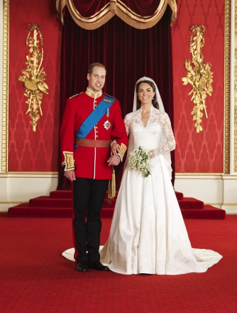 Editorial use only Mandatory credit: Photo by Hugo Burnand / Clarence House / REX / Shutterstock (1310831b) Prince William Prince William with his bride Catherine Duchess of Cambridge Official portrait of Prince William's wedding and Catherine Middleton, London, England - April 29, 2011 Official Royal Wedding images released by Clarence House show the bride and groom in the throne room at Buckingham Palace with bridesmaids and grooms with other members of the Royal Family