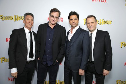 Exec. Producer Jeff Franklin, Bob Saget, John Stamos and Dave Coulier seen at Netflix Premiere of "Fuller House" at The Grove - Pacific Theatres, in Los Angeles, CANetflix Premiere of "Fuller House", Los Angeles, USA