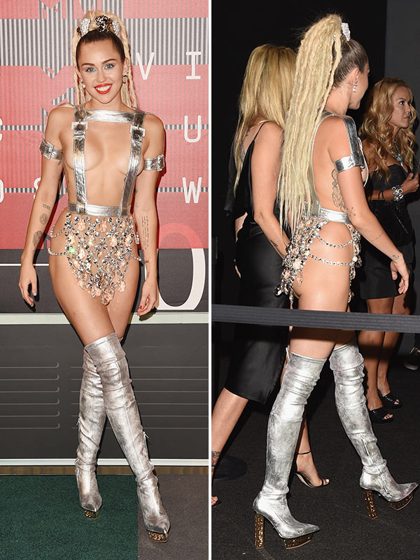 Miley Cyrus Risks Nip Slip & Shows Butt In Silver Suspenders At 2015 MT...