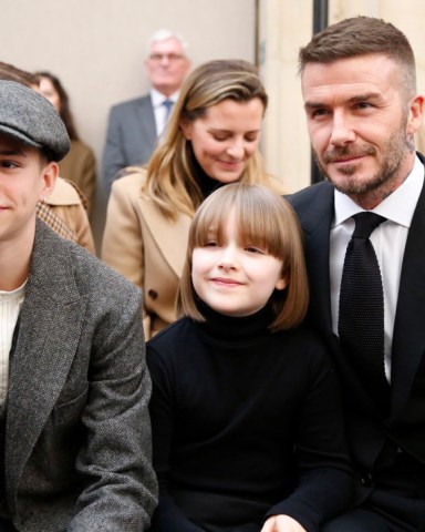 Romeo Beckham, Harper Beckham and David Beckham in the front row
Victoria Beckham show, Front Row, Fall Winter 2019, London Fashion Week, UK - 17 Feb 2019