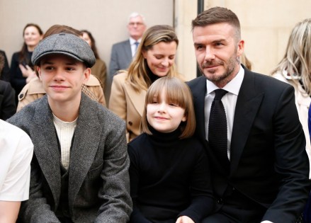 Romeo Beckham, Harper Beckham and David Beckham in the front row
Victoria Beckham show, Front Row, Fall Winter 2019, London Fashion Week, UK - 17 Feb 2019