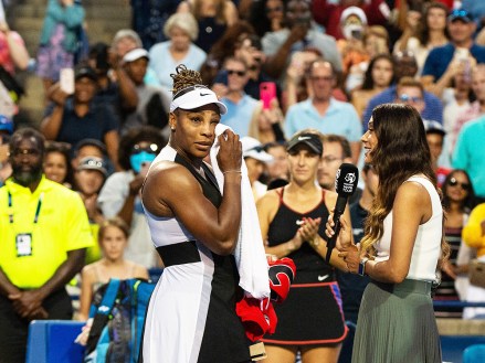 Serena Williams of the US wipes tears away after playing against Belinda Bencic of Switzerland, during the second round of the National Bank Open women's tennis tournament, in Toronto, Canada, 10 August 2022.National Bank Open tennis tournament, Toronto, Canada - 10 Aug 2022