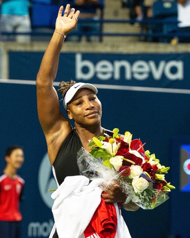 Serena Williams of the US acknowledges the crowd after her match against Belinda Bencic of Switzerland, during the second round of the National Bank Open women's tennis tournament, in Toronto, Canada, 10 August 2022.National Bank Open tennis tournament, Toronto, Canada - 10 Aug 2022
