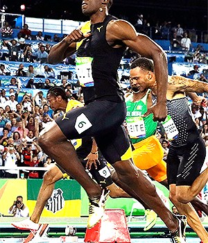 Jamaica's Usain Bolt celebrates as he crosses the line to win gold in the men's 100-meter final during the athletics competitions of the 2016 Summer Olympics at the Olympic stadium in Rio de Janeiro, BrazilRio 2016 Olympic Games, Athletics, Olympic Stadium, Brazil - 14 Aug 2016