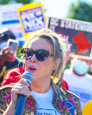 Actress and Board Member of People For the American Way Alyssa Milano speaks during a protest sponsored by The League of Women Voters, People for the American Way and Declaration for American Democracy Coalition to put pressure on the Biden Administration to take action on voting rights and end the filibuster outside the White House in Washington, DC., on Tuesday, October 19, 2021.Protest Gathers Outside The White House in Support of Voting Rights, Washington, District of Columbia, United States - 19 Oct 2021