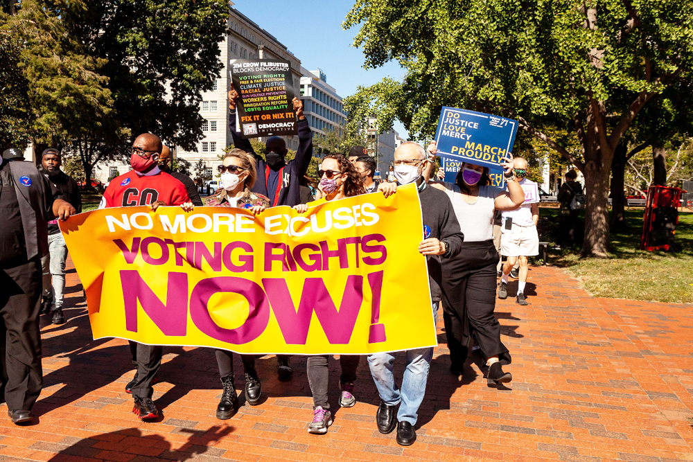 Rev. Jamaal Bryant, Alyssa Milano, Jana Morgan, and Rabbi David Saperstein lead the march during a civil disobedience action for voting rights at the White House.  Demonstrators are demanding that the Biden Administration take the lead on voting rights and pressure Congress to pass legislation protecting the right to vote.  Specifically, they want passage of the Freedom to Vote Act and DC statehood.
Voting rights activists arrested at the White House, White House, Washington, USA - 19 Oct 2021