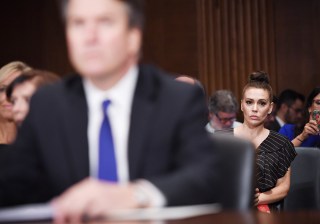 US actress Alyssa Milano (R) listens as Supreme Court nominee Judge Brett Kavanaugh testifies before testifying to the Senate Judiciary Committee hearing on the nomination of Brett Kavanaugh to be an associate justice of the Supreme Court of the United States, on Capitol Hill in Washington, DC, USA, 27 September 2018. US President Donald J. Trump's nominee to be a US Supreme Court associate justice Brett Kavanaugh is in a tumultuous confirmation process as multiple women have accused Kavanaugh of sexual misconduct.Senate Judiciary Committee hearing on nomination of Brett Kavanaugh to be SCOTUS associate justice, Washington, Dc, USA - 27 Sep 2018