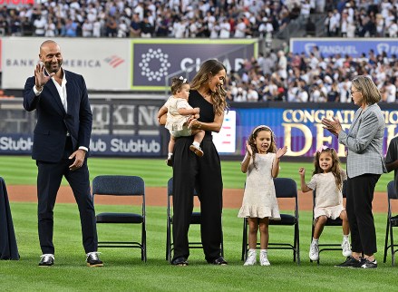 Derek Jeter and family attend Derek Jeter  Hall Of Fame Night At Yankee Stadium at Yankee Stadium in the Bronx ,New York, on September , 9,2022Pictured: Derek Jeter,Hannah Jeter and daughters Story,Bella and River RoseRef: SPL5433669 090922 NON-EXCLUSIVEPicture by: Jackie Brown / SplashNews.comSplash News and PicturesUSA: +1 310-525-5808London: +44 (0)20 8126 1009Berlin: +49 175 3764 166photodesk@splashnews.comWorld Rights