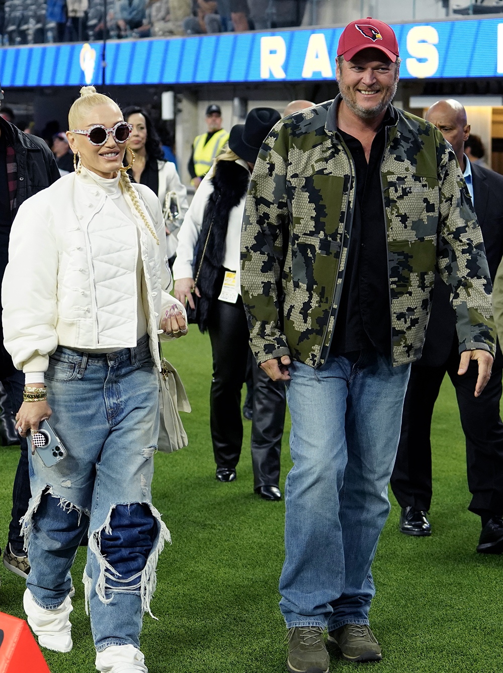 Gwen Stefani And Blake Shelton Are Seen On The Sidelines During The Game Between The Los Angeles Rams And The Arizona Cardinals At Sofi Stadium