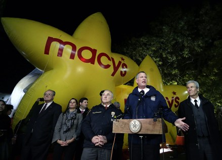New York City Mayor Bill De Blasio (c) Talks to the Media Along Side New York City Police Commissioner William Bratton (l) and Macy's Ceo Terry Lindgren (r) in Front of the Balloons That Were Inflated the Day They Float During the Macy's 89th Annual Thanksgiving Day Parade in New York City New York Usa 25 November 2015 the Annual Parade Which Began in 1924 Features Giant Balloons of Characters From Popular Culture Floating Above the Streets of Manhattan United States New York
Usa Macys Thanksgiving Parade - Nov 2015
