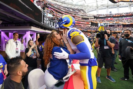 Los Angeles Rams wide receiver Odell Beckham Jr. (3) kisses his wife Lauren Wood before taking on the Cincinnati Bengals in Super Bowl 56, in Inglewood, Calif. The Rams defeated the Bengals 23-20
Rams Bengals Super Bowl Football, Inglewood, United States - 13 Feb 2022