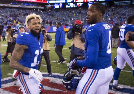 , 2016, New York Giants wide receiver Odell Beckham Jr, (13) and quarterback Josh Johnson (8) look on following the NFL game between the Detroit Lions and the New York Giants at MetLife Stadium in East Rutherford, New Jersey. The New York Giants won 17-6
NFL Lions vs Giants, USA - 18 Dec 2016